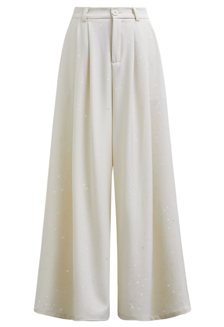 Glitter Accent Wide-Leg Palazzo Pants in Ivory