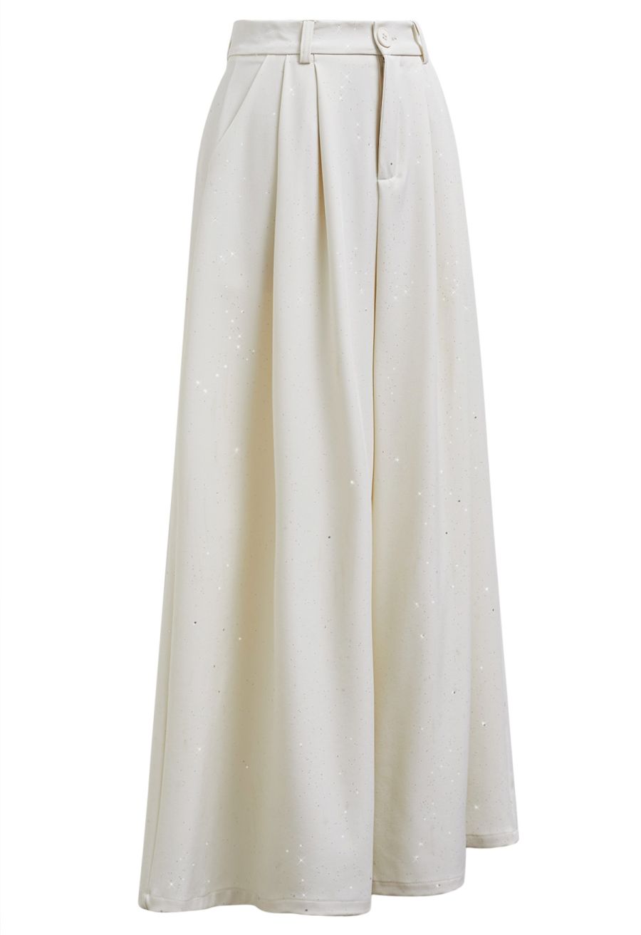 Glitter Accent Wide-Leg Palazzo Pants in Ivory