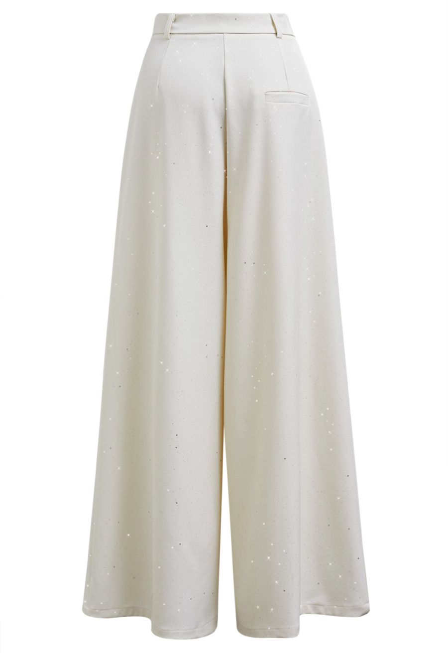 Glitter Accent Wide-Leg Palazzo Pants in Ivory