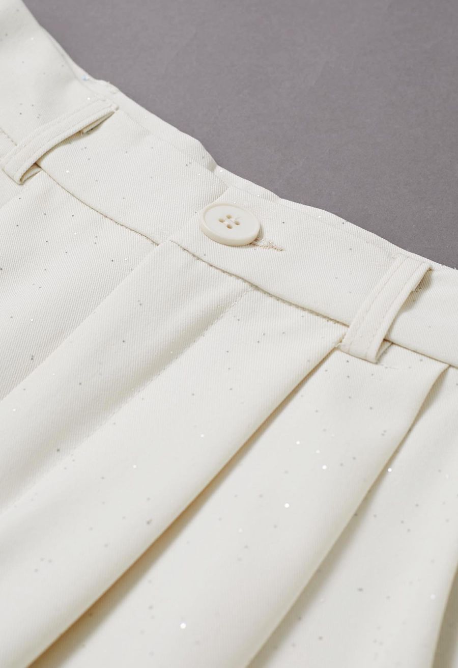 Glitter Accent Wide-Leg Palazzo Pants in Ivory