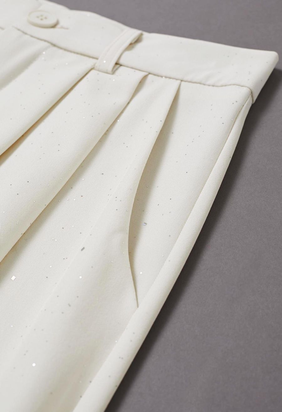 Glitter Accent Wide-Leg Palazzo Pants in Ivory