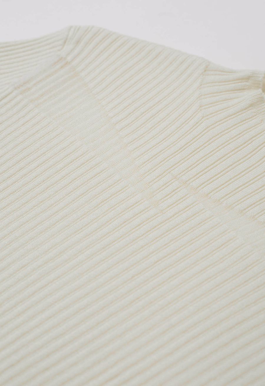 Mock Neck Mesh Inserted Short Sleeve Top in Cream