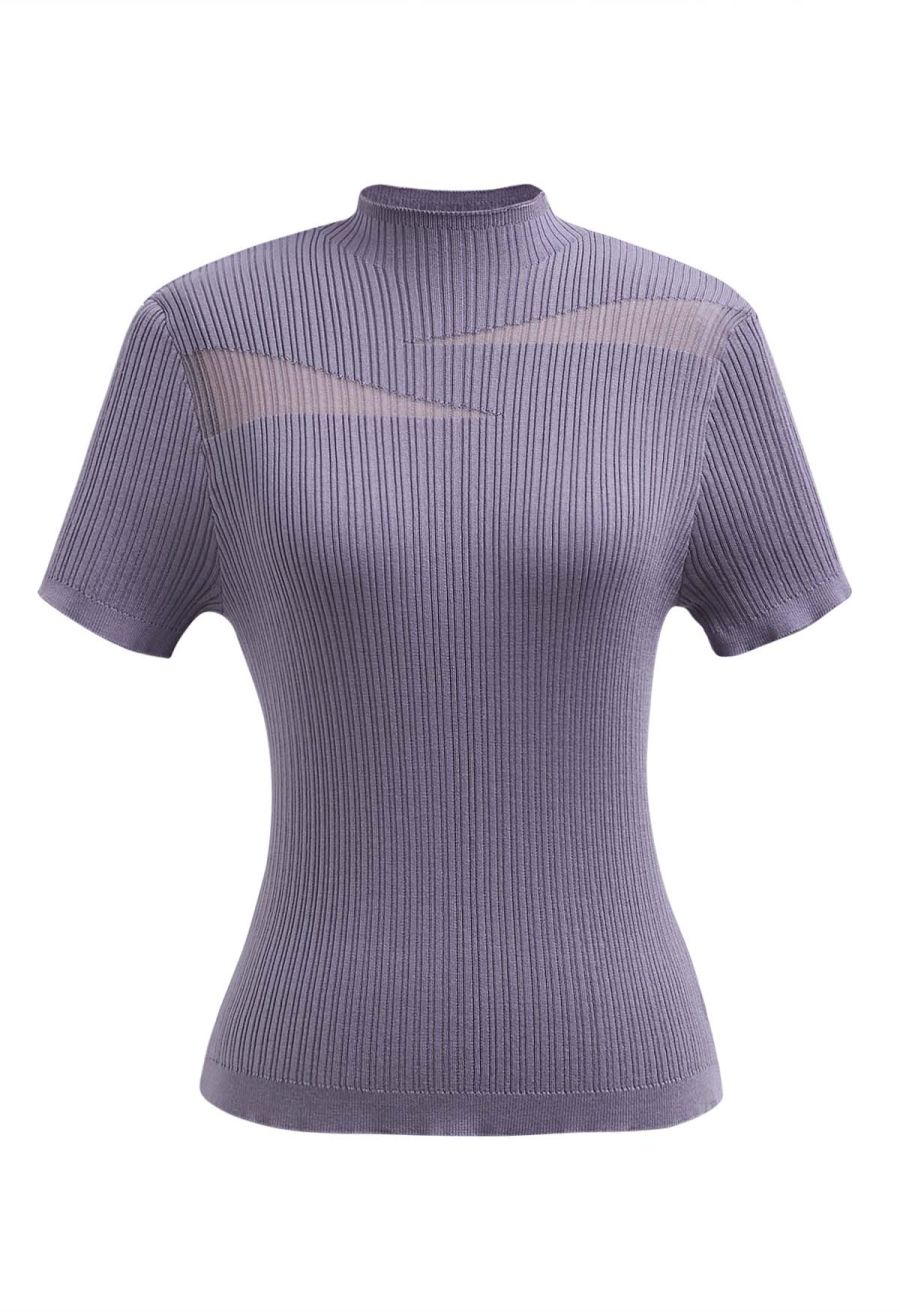 Mock Neck Mesh Inserted Short Sleeve Top in Purple