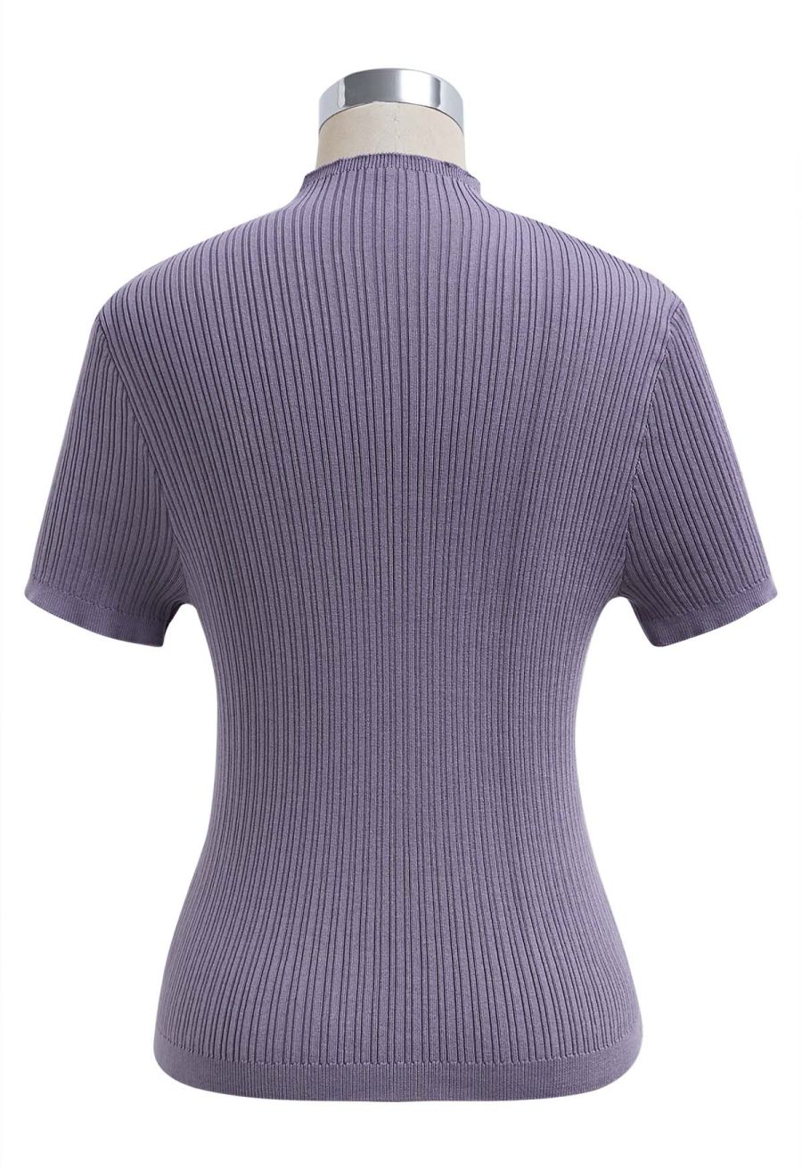 Mock Neck Mesh Inserted Short Sleeve Top in Purple