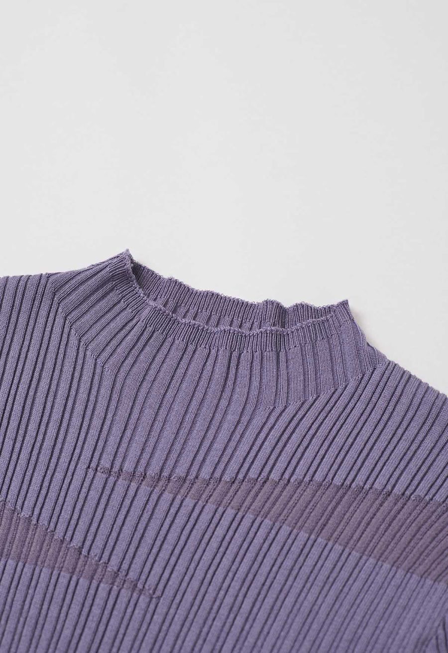 Mock Neck Mesh Inserted Short Sleeve Top in Purple