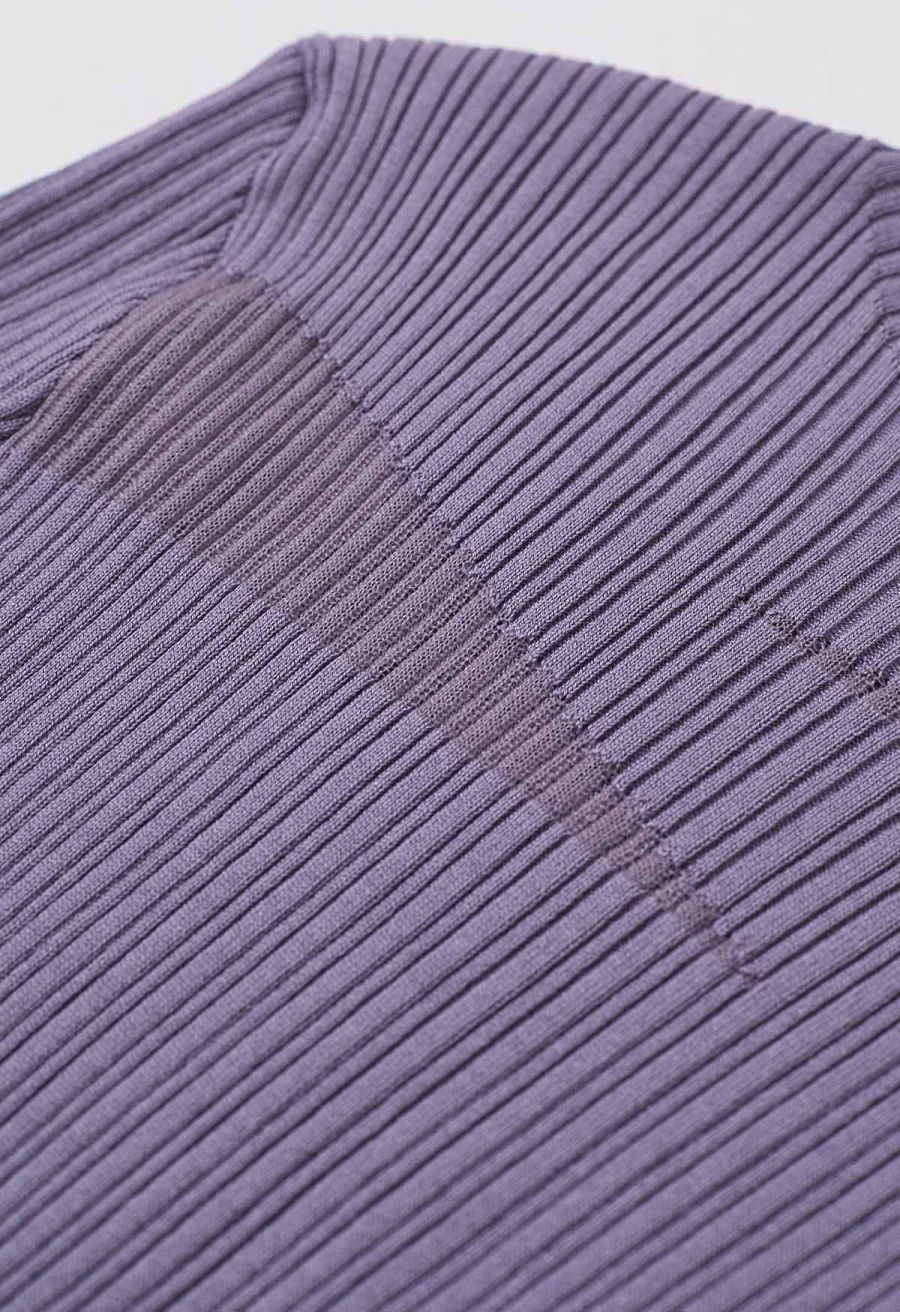 Mock Neck Mesh Inserted Short Sleeve Top in Purple