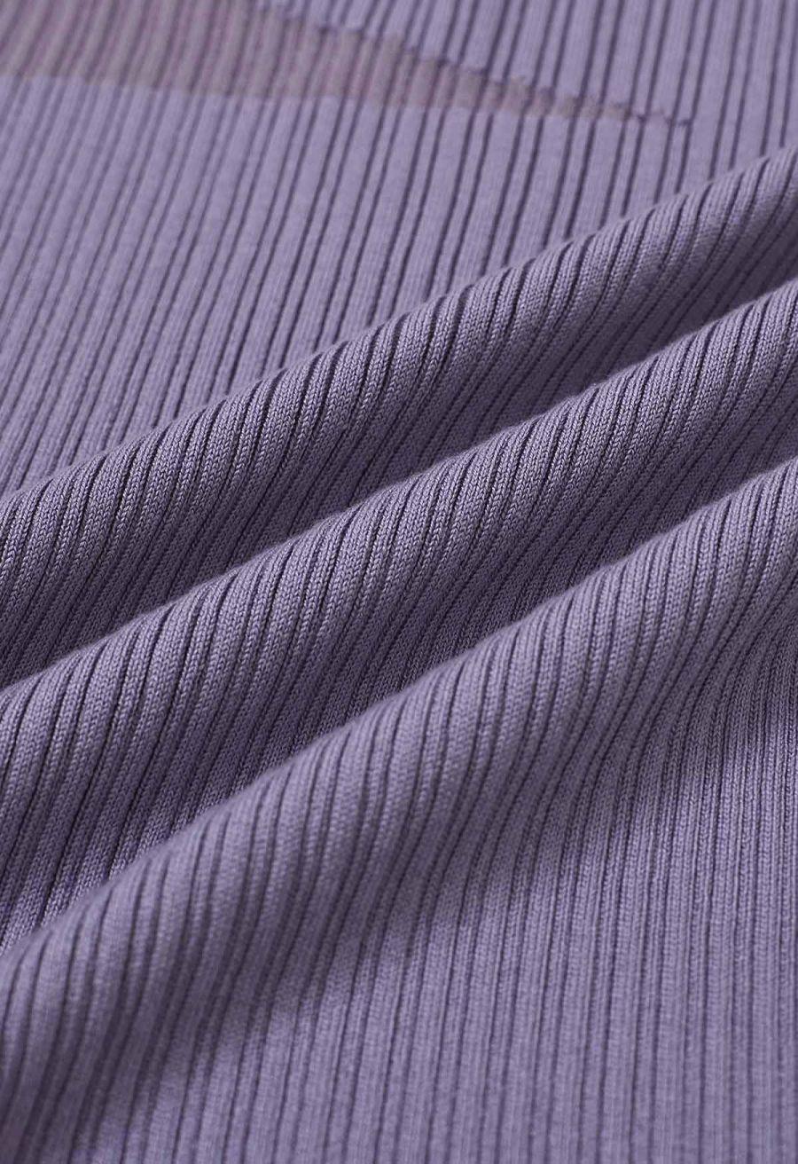 Mock Neck Mesh Inserted Short Sleeve Top in Purple