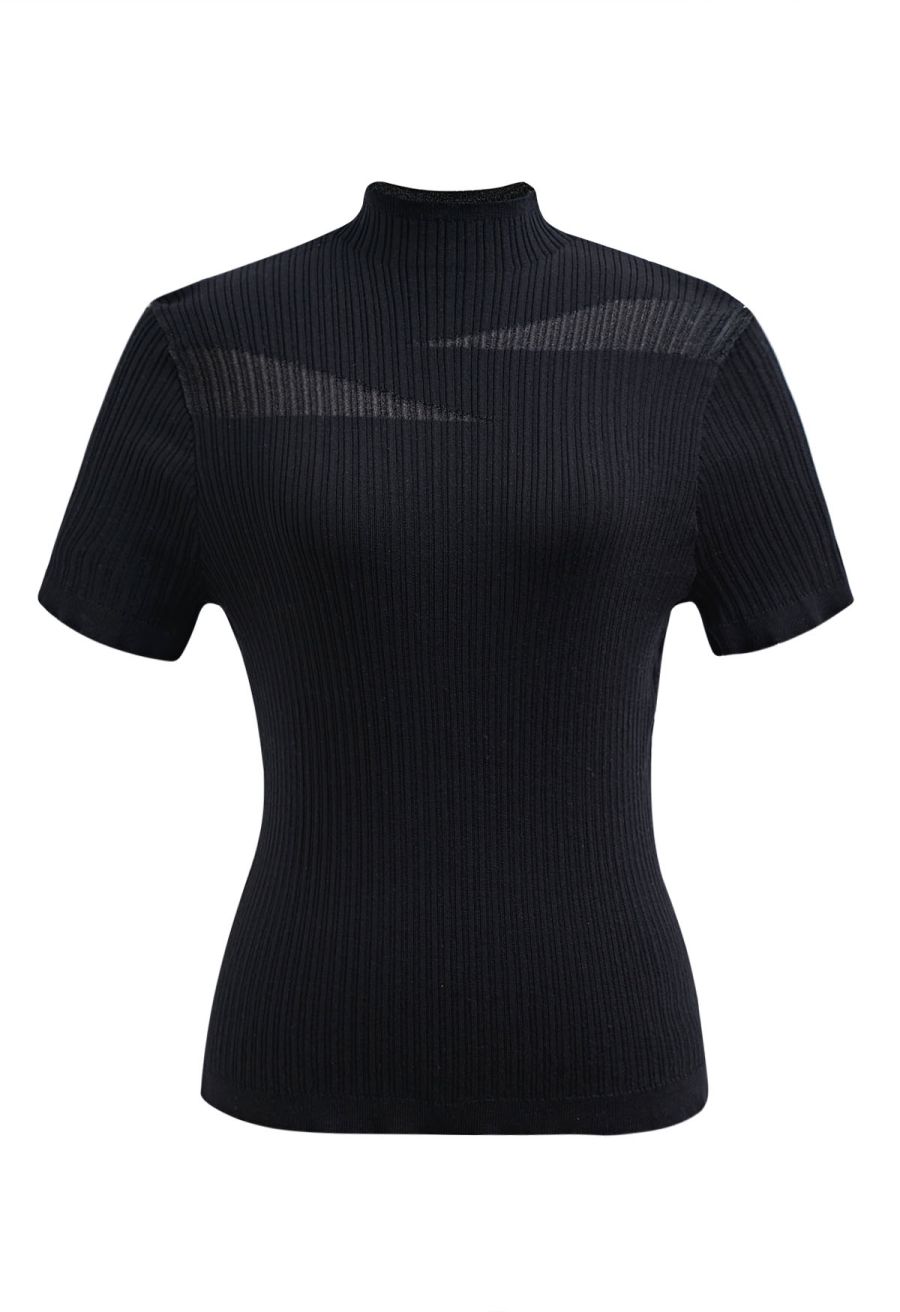 Mock Neck Mesh Inserted Short Sleeve Top in Black
