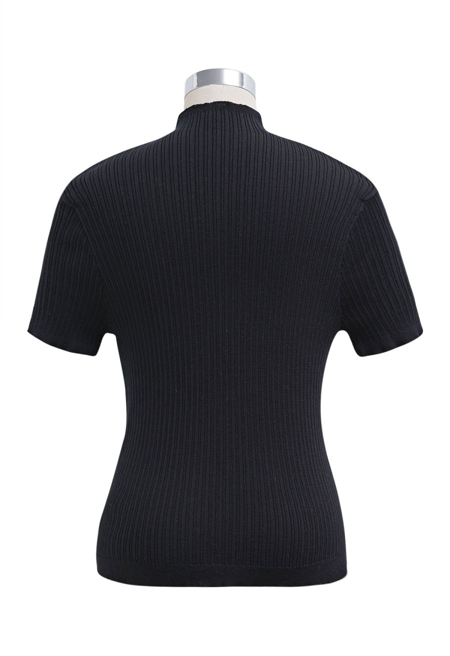 Mock Neck Mesh Inserted Short Sleeve Top in Black