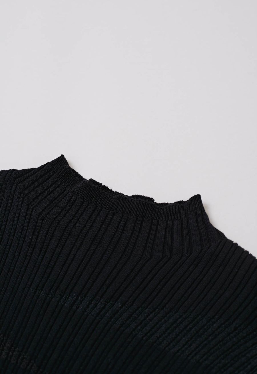 Mock Neck Mesh Inserted Short Sleeve Top in Black