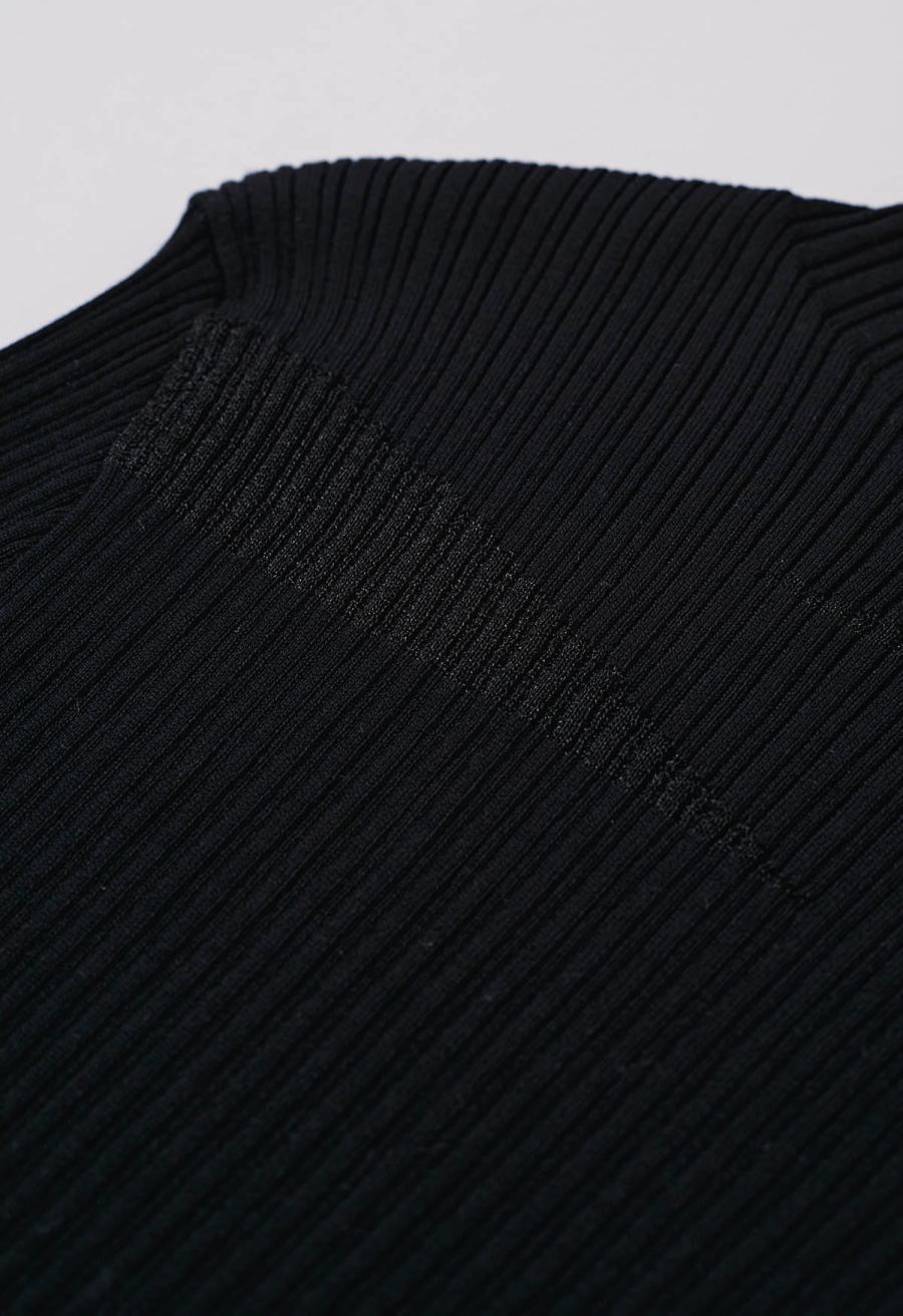 Mock Neck Mesh Inserted Short Sleeve Top in Black