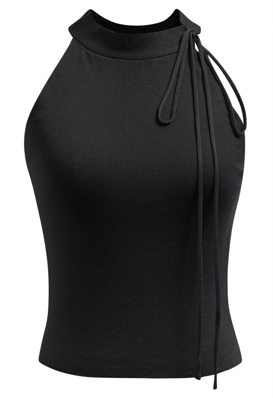 Self-Tie Halter Neck Crop Rib Knit Top in Black