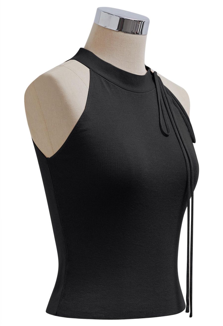 Self-Tie Halter Neck Crop Rib Knit Top in Black