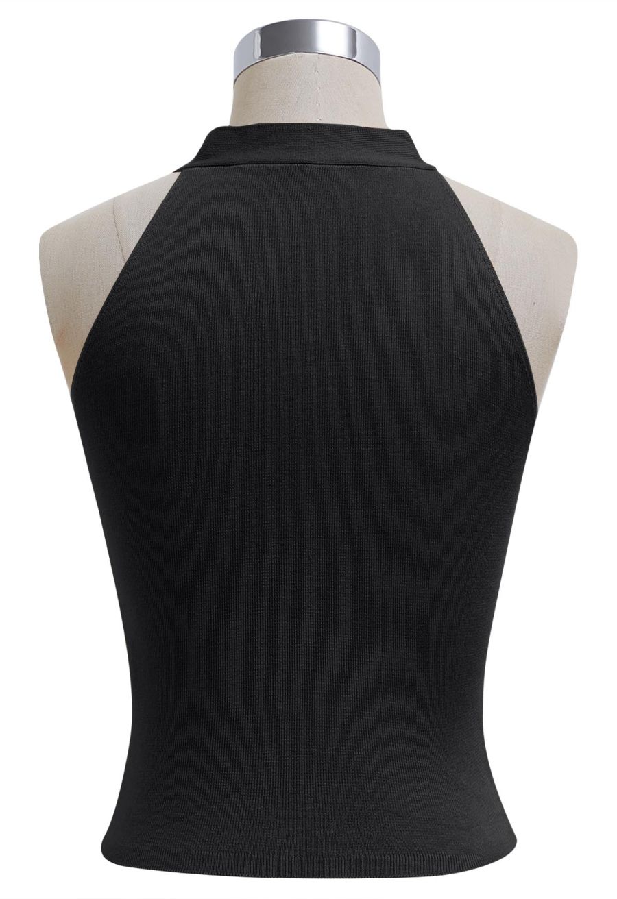 Self-Tie Halter Neck Crop Rib Knit Top in Black