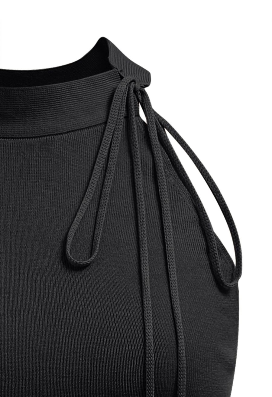 Self-Tie Halter Neck Crop Rib Knit Top in Black