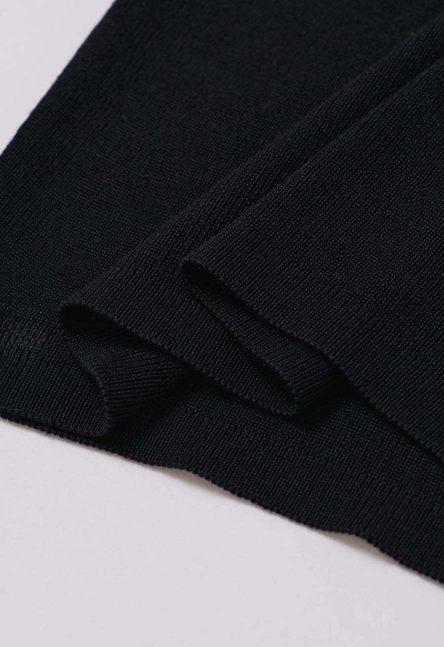Self-Tie Halter Neck Crop Rib Knit Top in Black