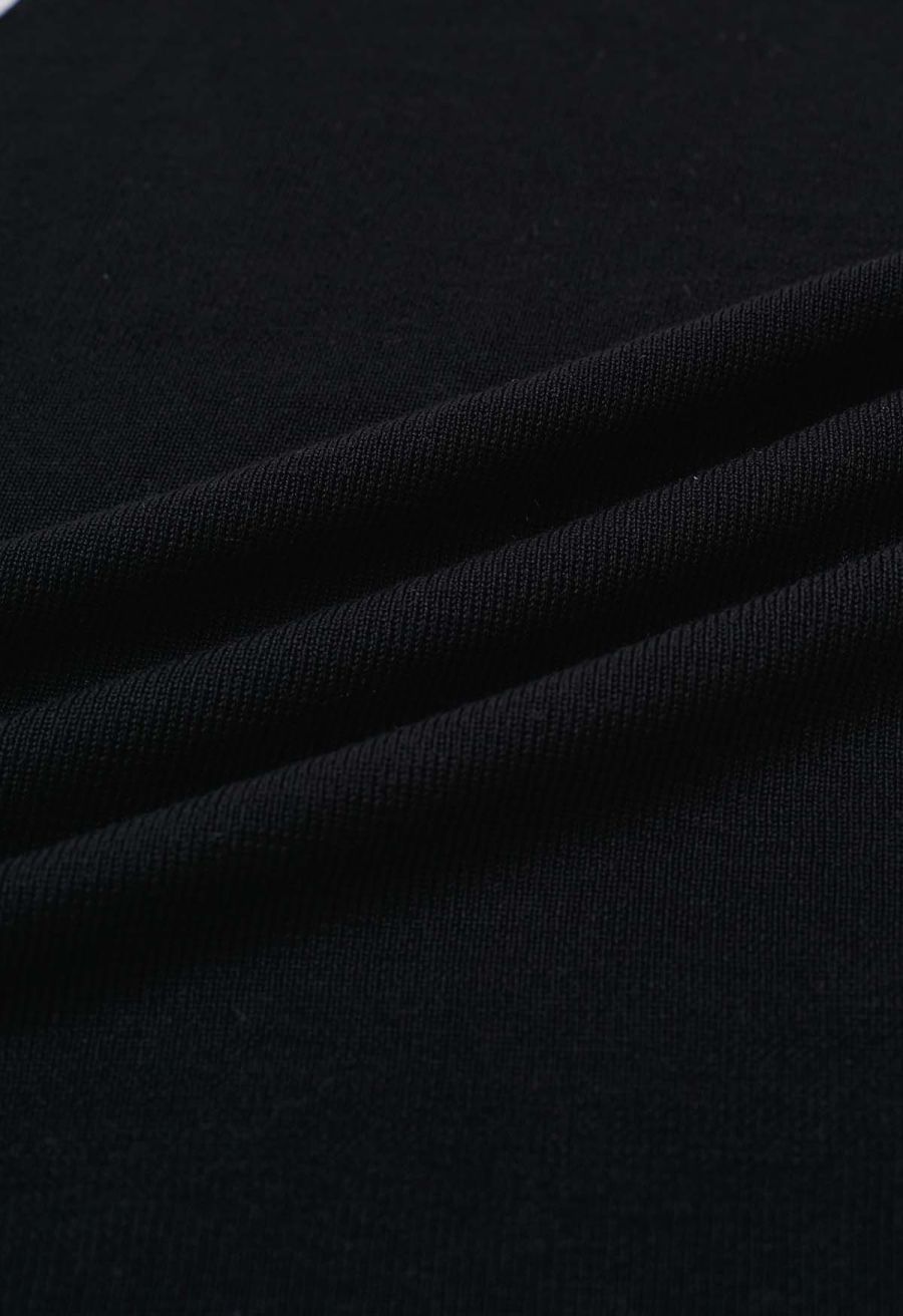 Self-Tie Halter Neck Crop Rib Knit Top in Black