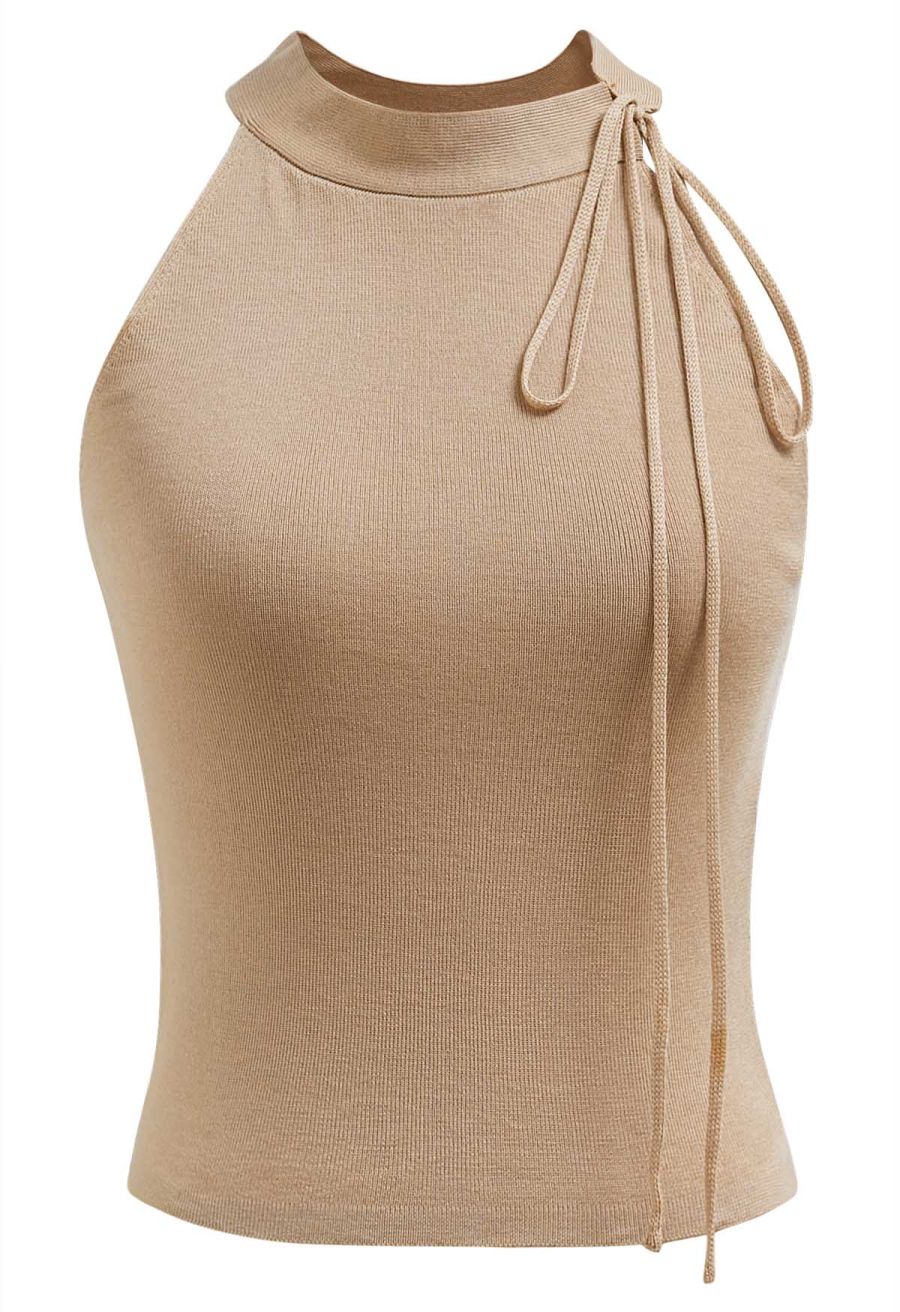 Self-Tie Halter Neck Crop Rib Knit Top in Tan