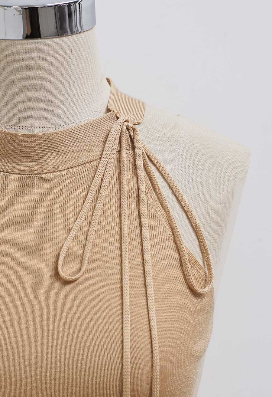 Self-Tie Halter Neck Crop Rib Knit Top in Tan
