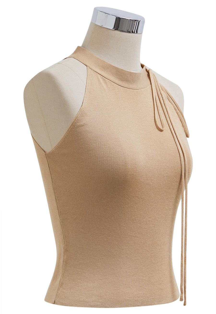 Self-Tie Halter Neck Crop Rib Knit Top in Tan