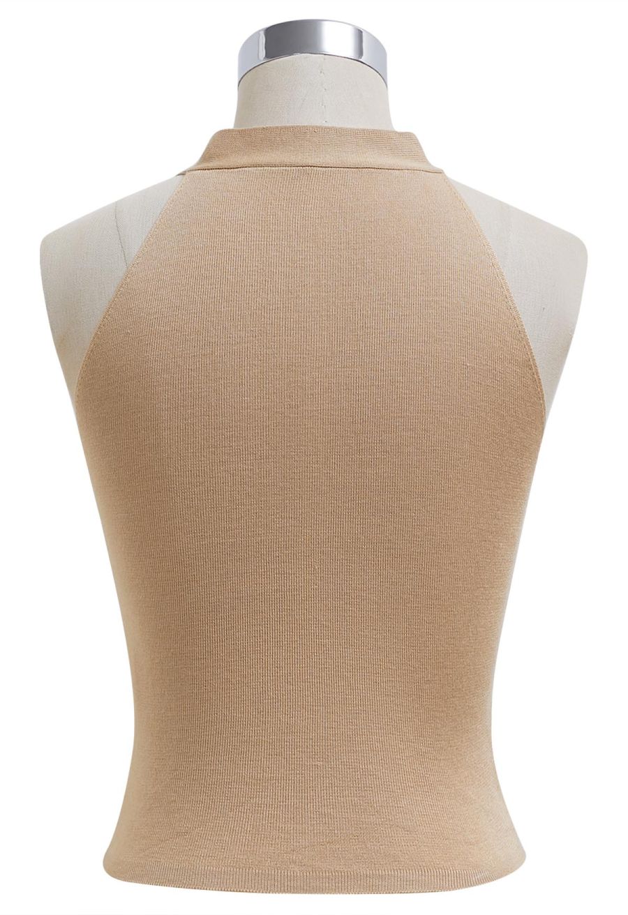 Self-Tie Halter Neck Crop Rib Knit Top in Tan