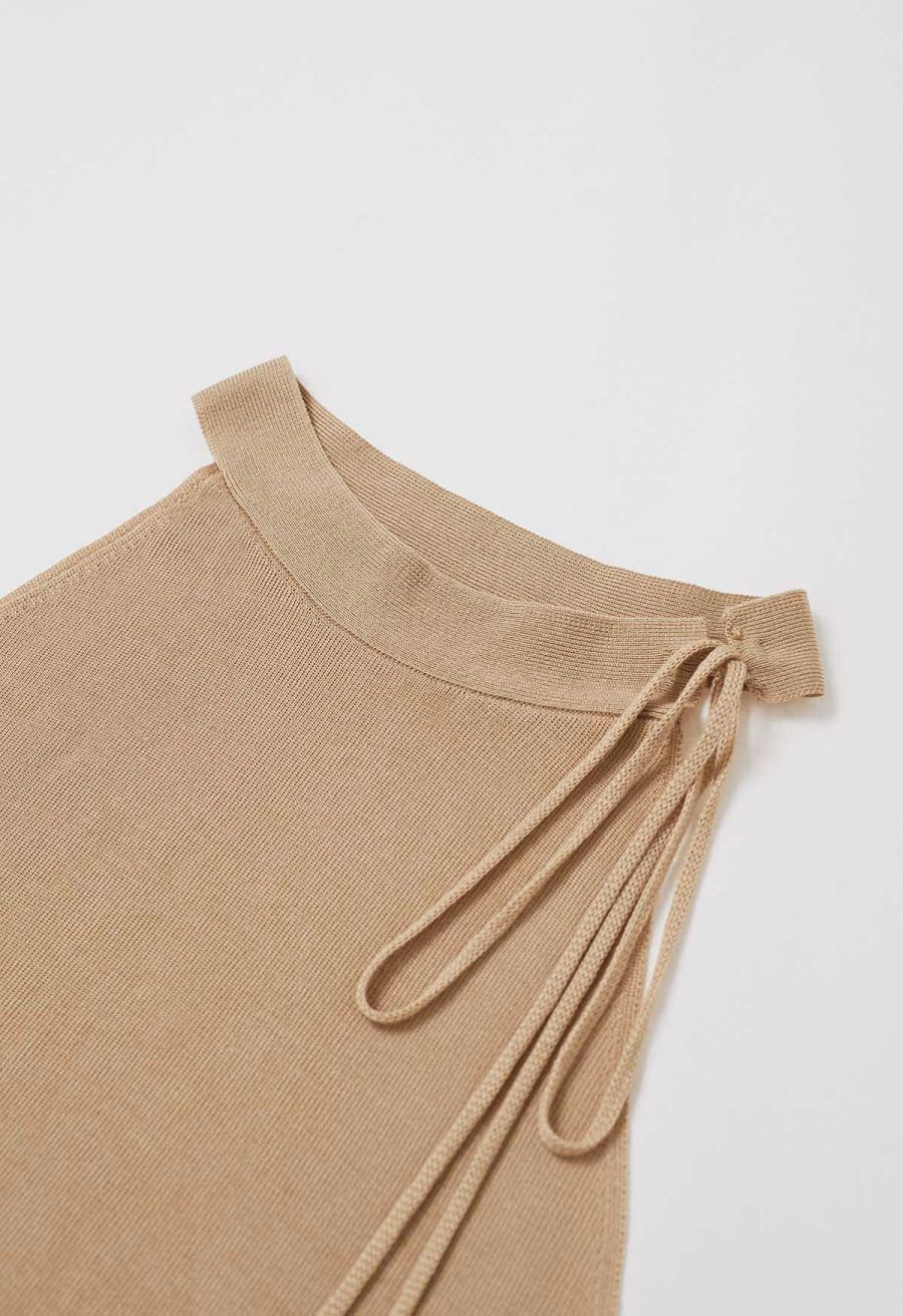 Self-Tie Halter Neck Crop Rib Knit Top in Tan