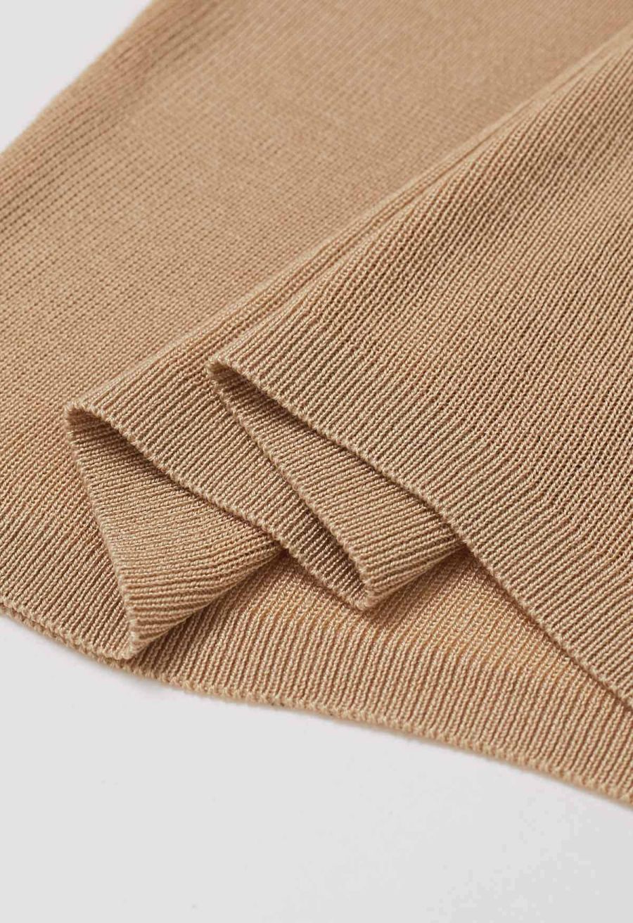 Self-Tie Halter Neck Crop Rib Knit Top in Tan