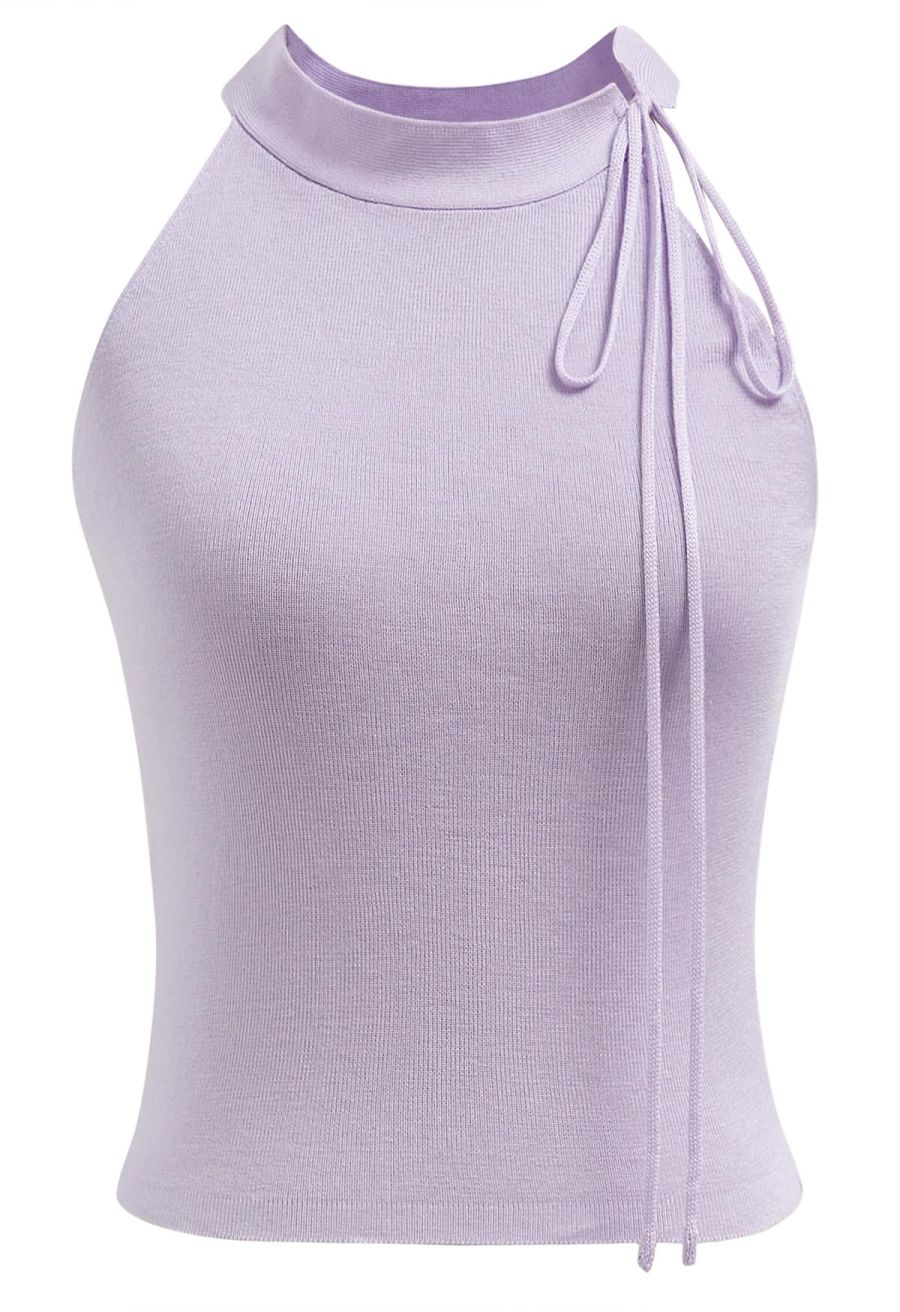 Self-Tie Halter Neck Crop Rib Knit Top in Lilac