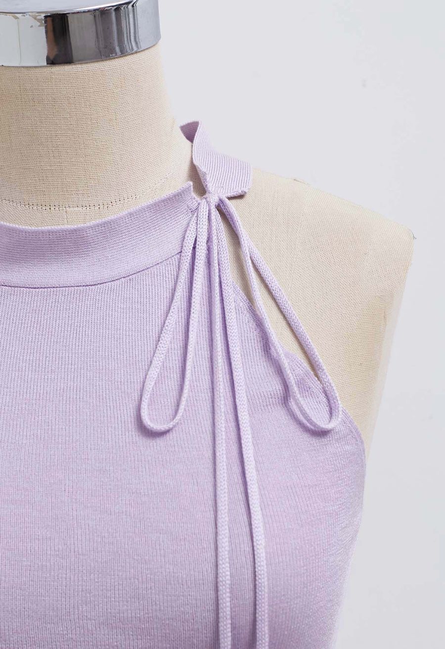 Self-Tie Halter Neck Crop Rib Knit Top in Lilac