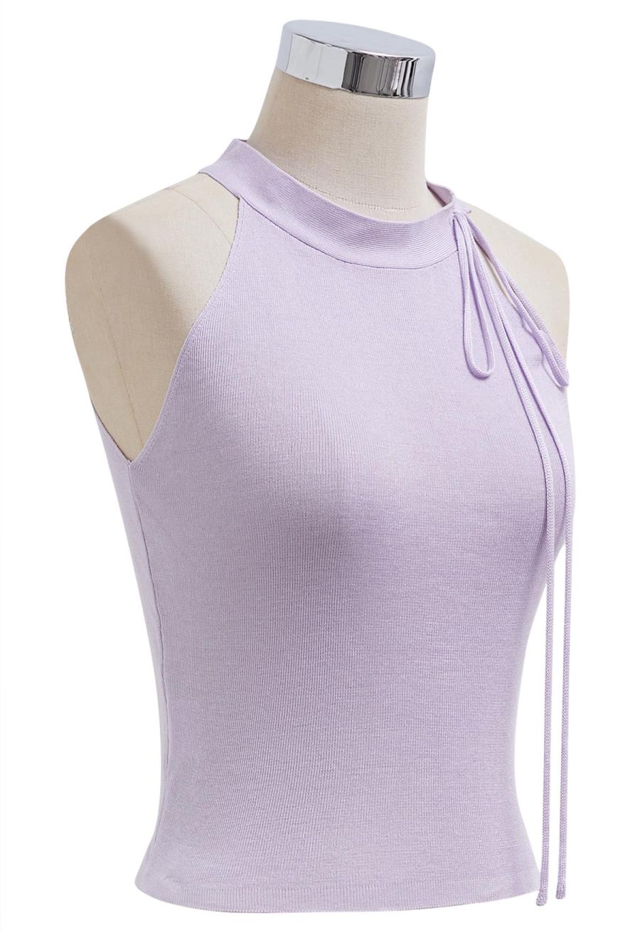 Self-Tie Halter Neck Crop Rib Knit Top in Lilac