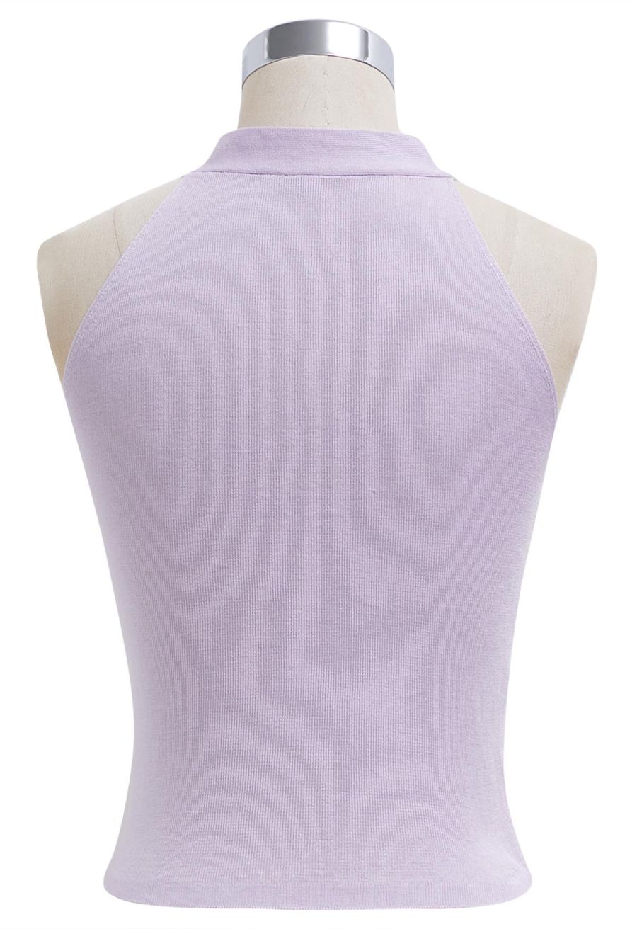Self-Tie Halter Neck Crop Rib Knit Top in Lilac