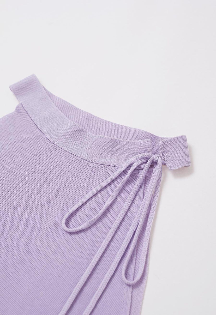 Self-Tie Halter Neck Crop Rib Knit Top in Lilac