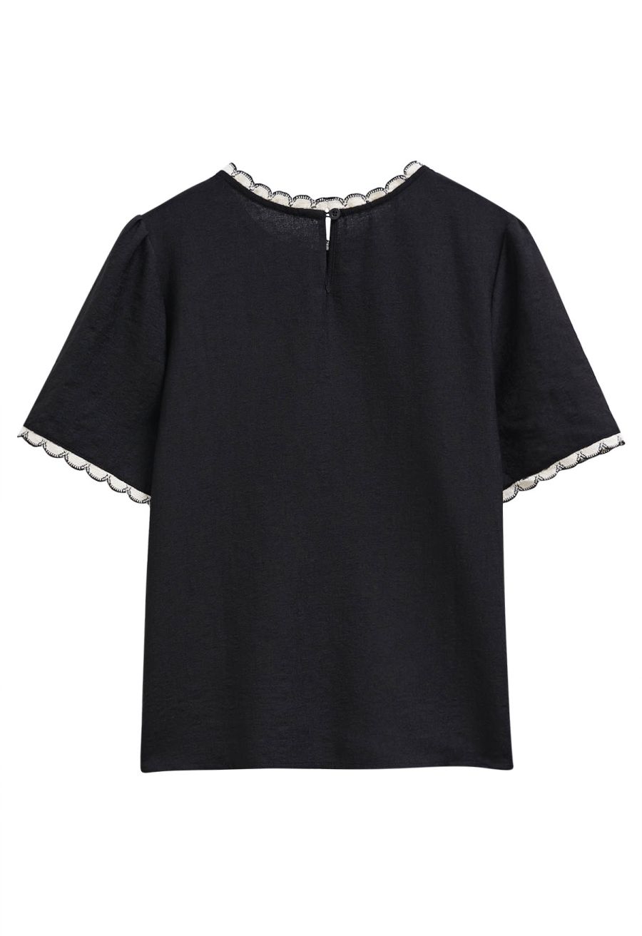 Contrast Crochet Edge Short-Sleeve Top in Black