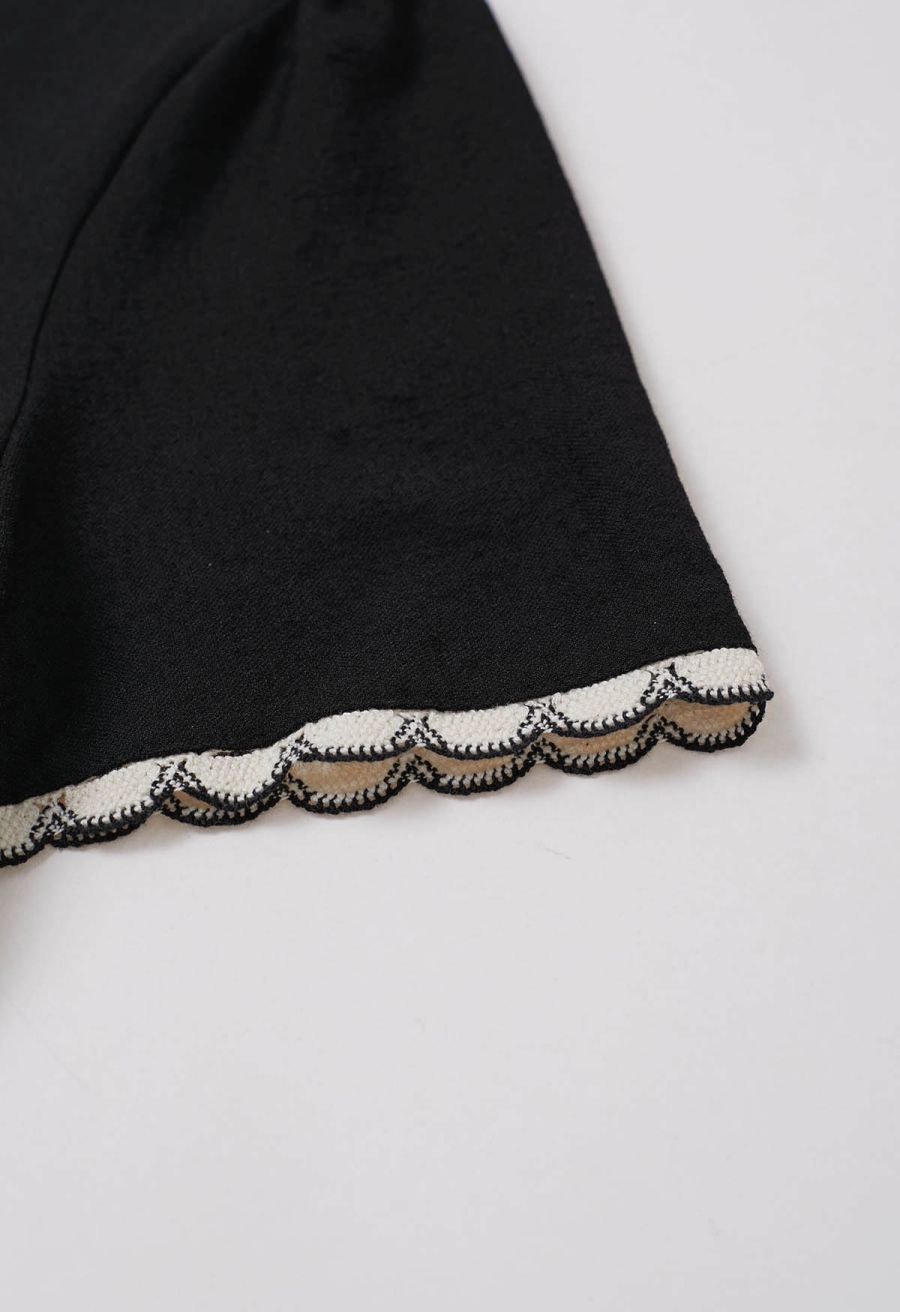 Contrast Crochet Edge Short-Sleeve Top in Black