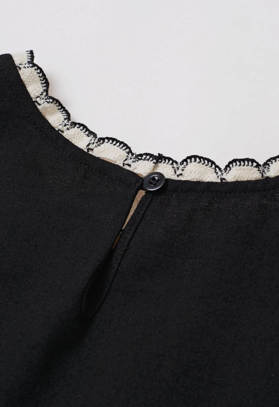 Contrast Crochet Edge Short-Sleeve Top in Black