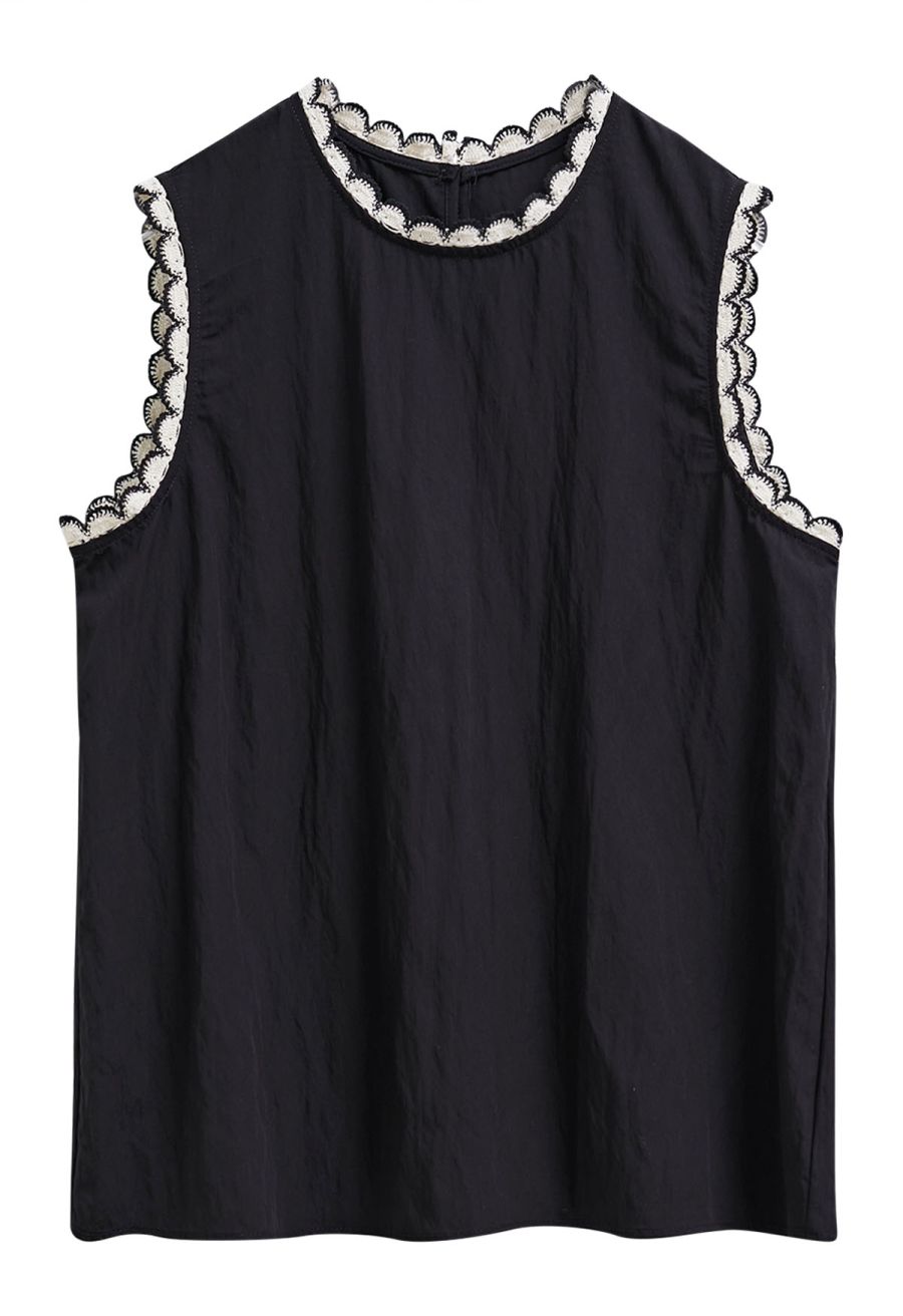 Contrast Crochet Edge Sleeveless Top in Black