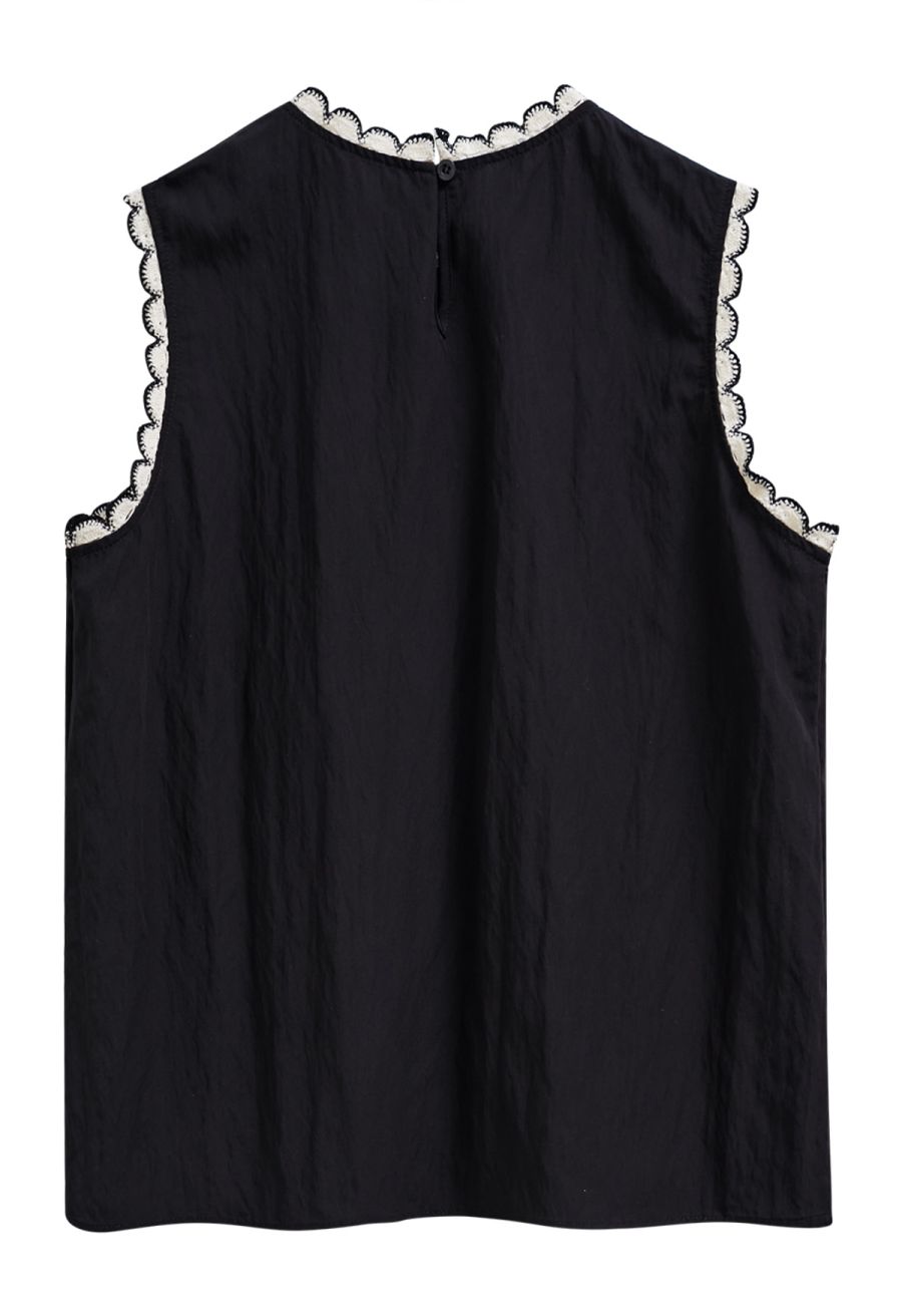 Contrast Crochet Edge Sleeveless Top in Black