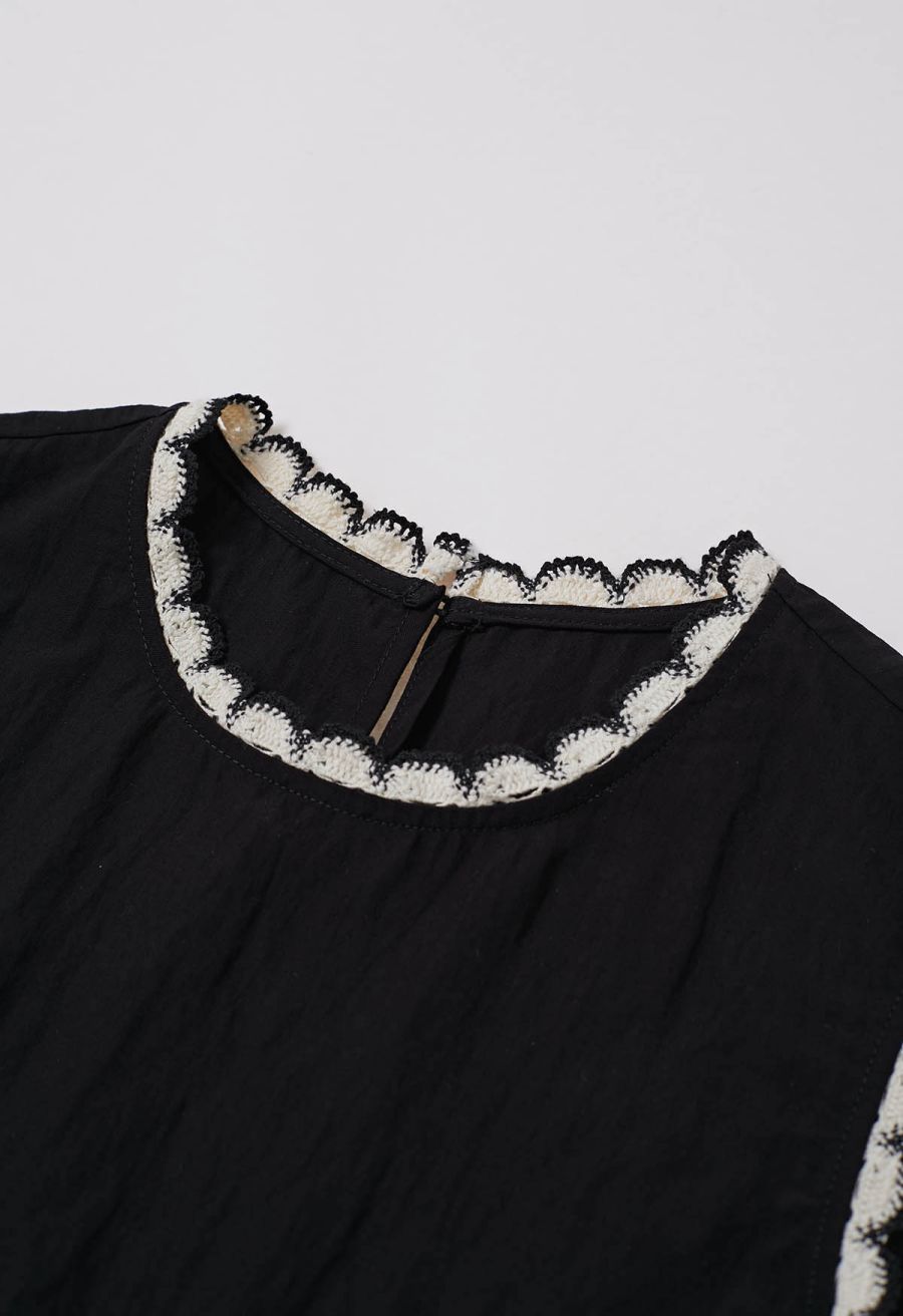 Contrast Crochet Edge Sleeveless Top in Black