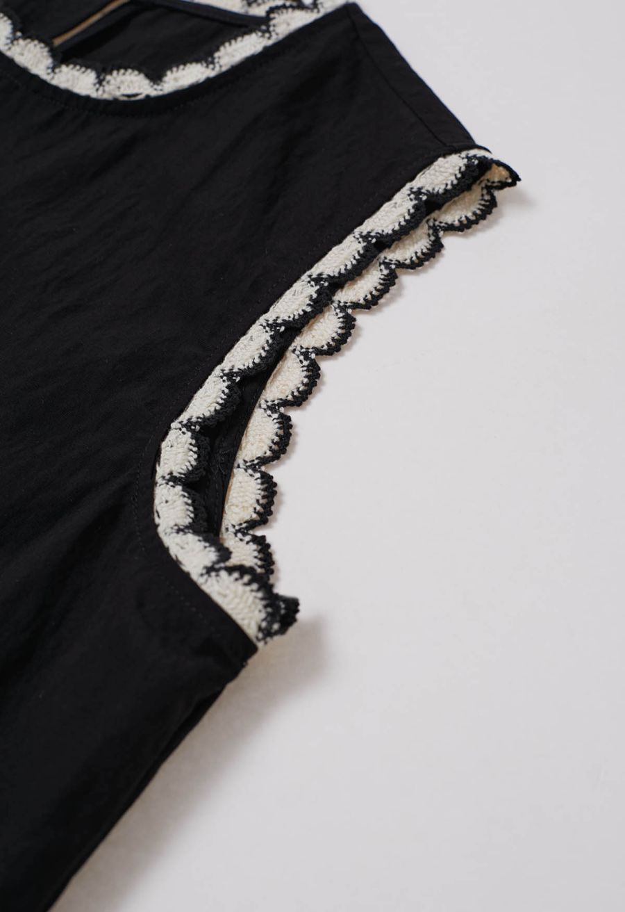 Contrast Crochet Edge Sleeveless Top in Black