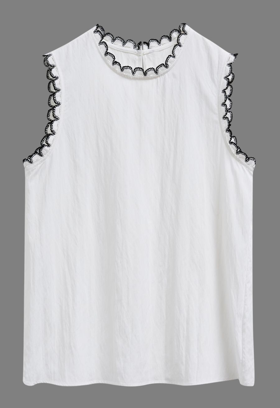 Contrast Crochet Edge Sleeveless Top in White