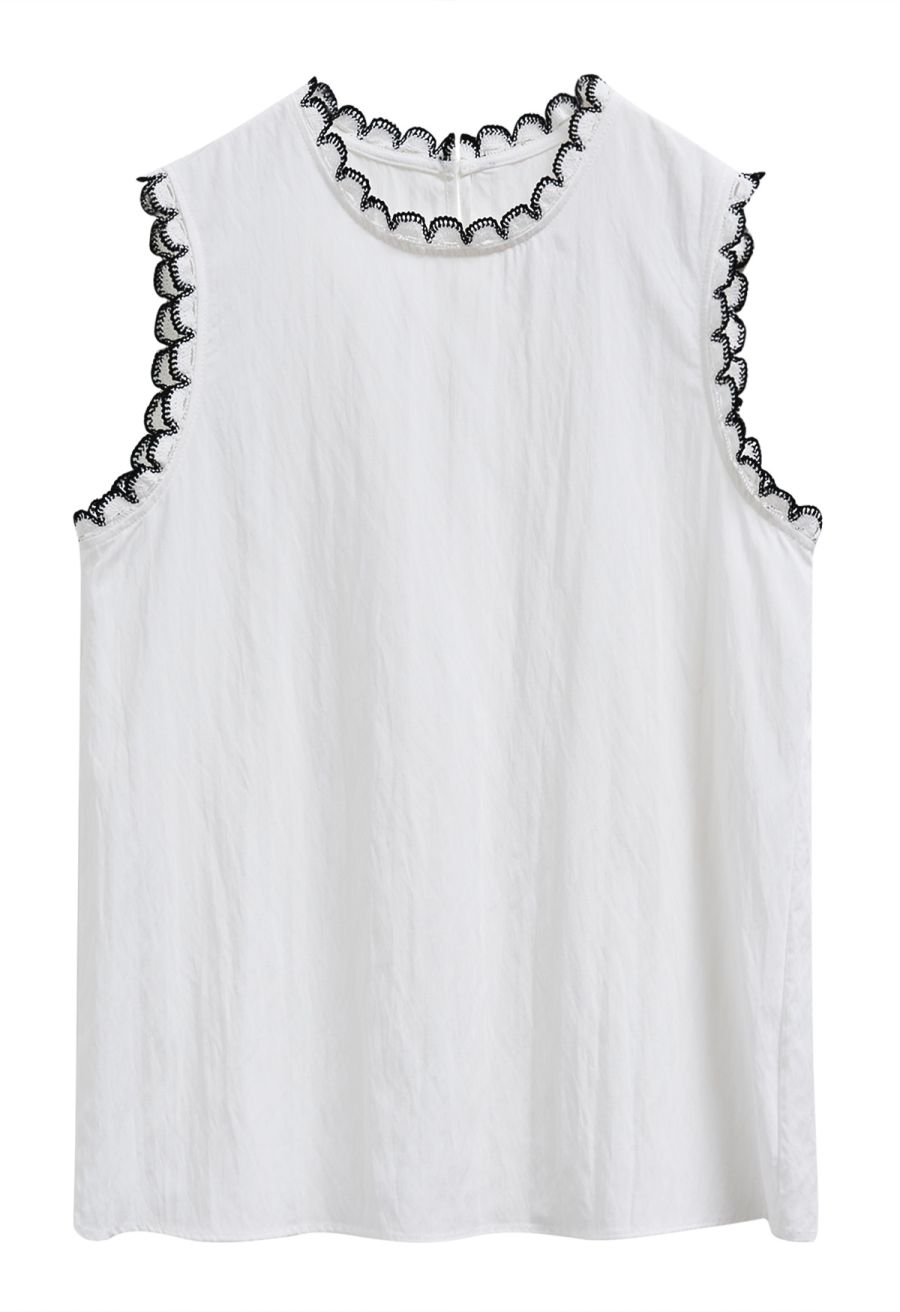 Contrast Crochet Edge Sleeveless Top in White