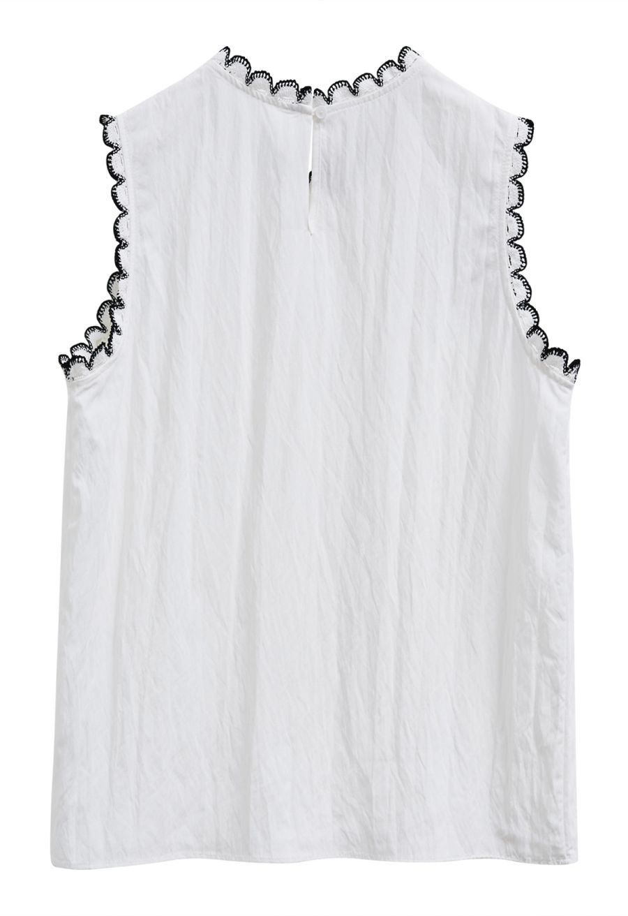 Contrast Crochet Edge Sleeveless Top in White