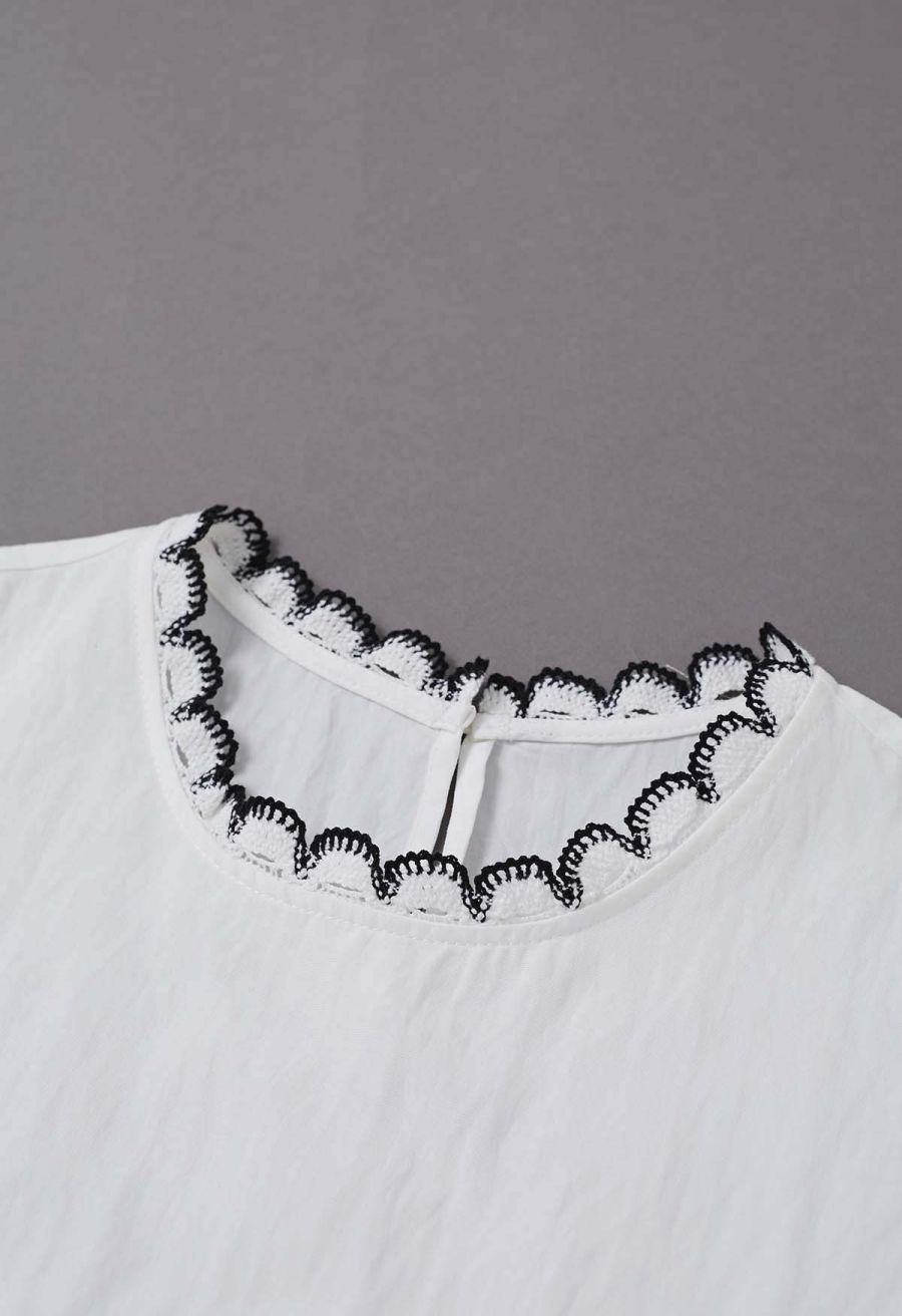 Contrast Crochet Edge Sleeveless Top in White