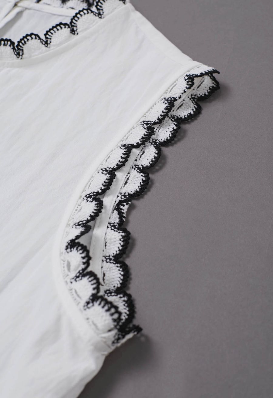 Contrast Crochet Edge Sleeveless Top in White