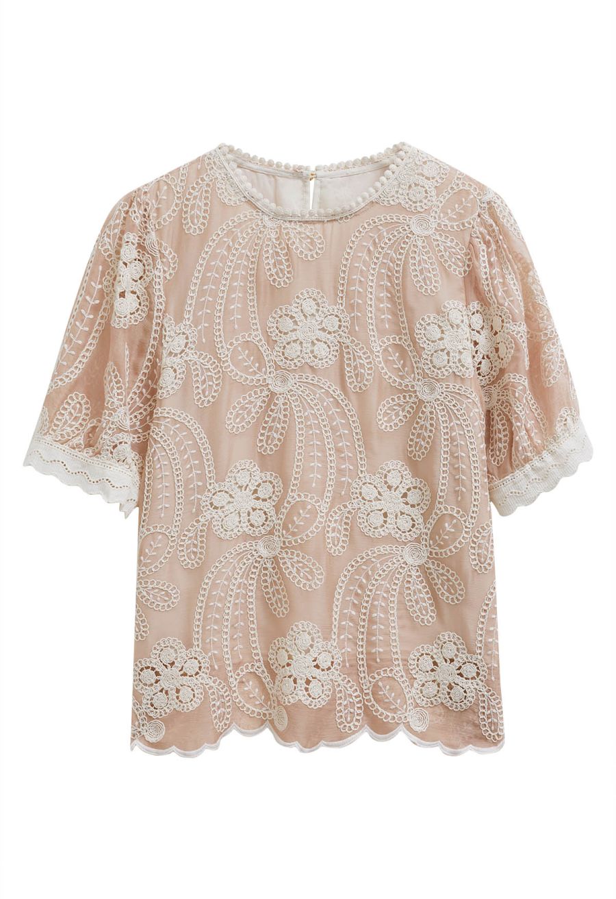 Crew Neck Embroidered Floral Openwork Top in Peach