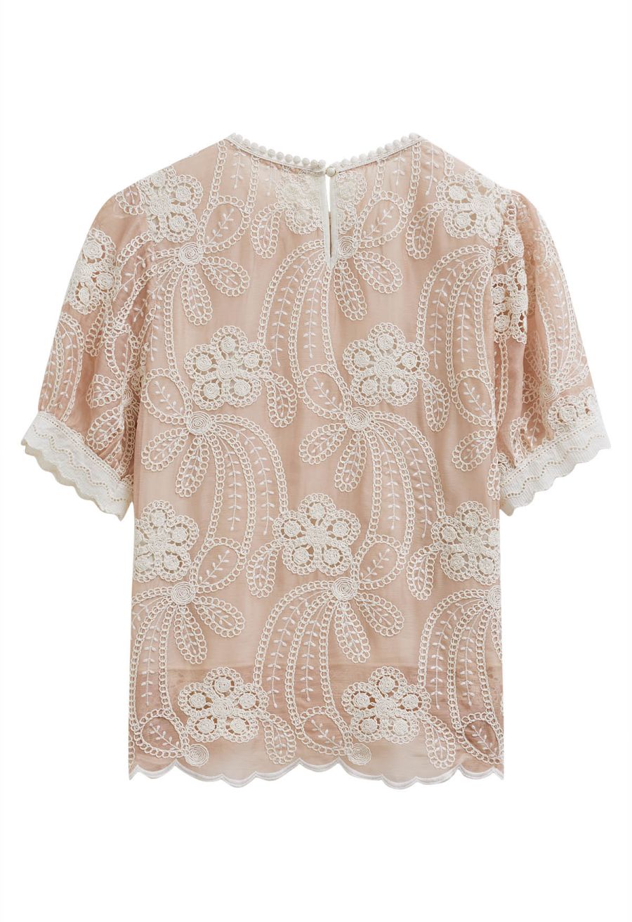 Crew Neck Embroidered Floral Openwork Top in Peach