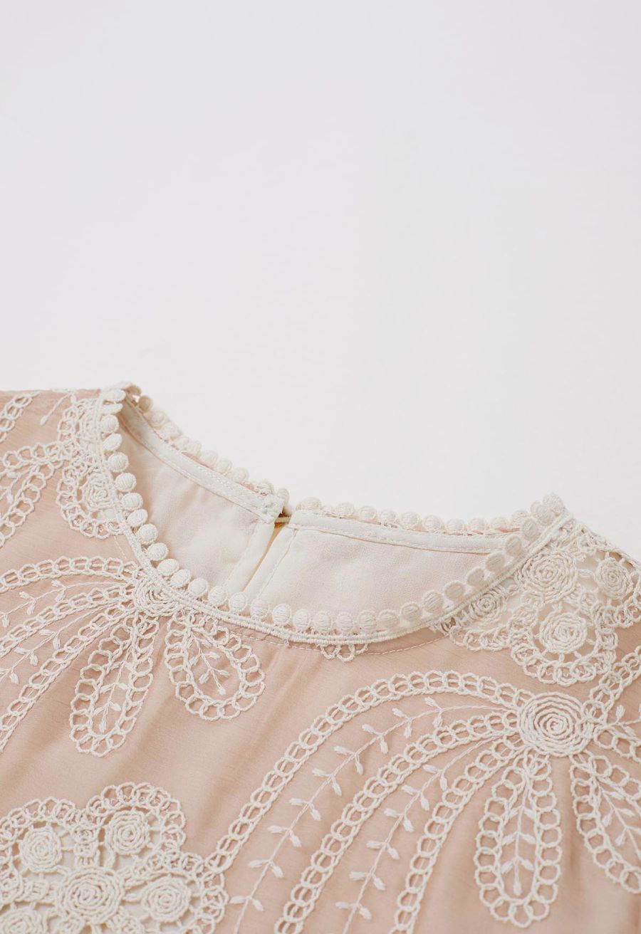 Crew Neck Embroidered Floral Openwork Top in Peach