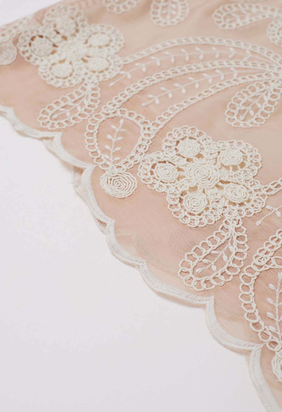 Crew Neck Embroidered Floral Openwork Top in Peach