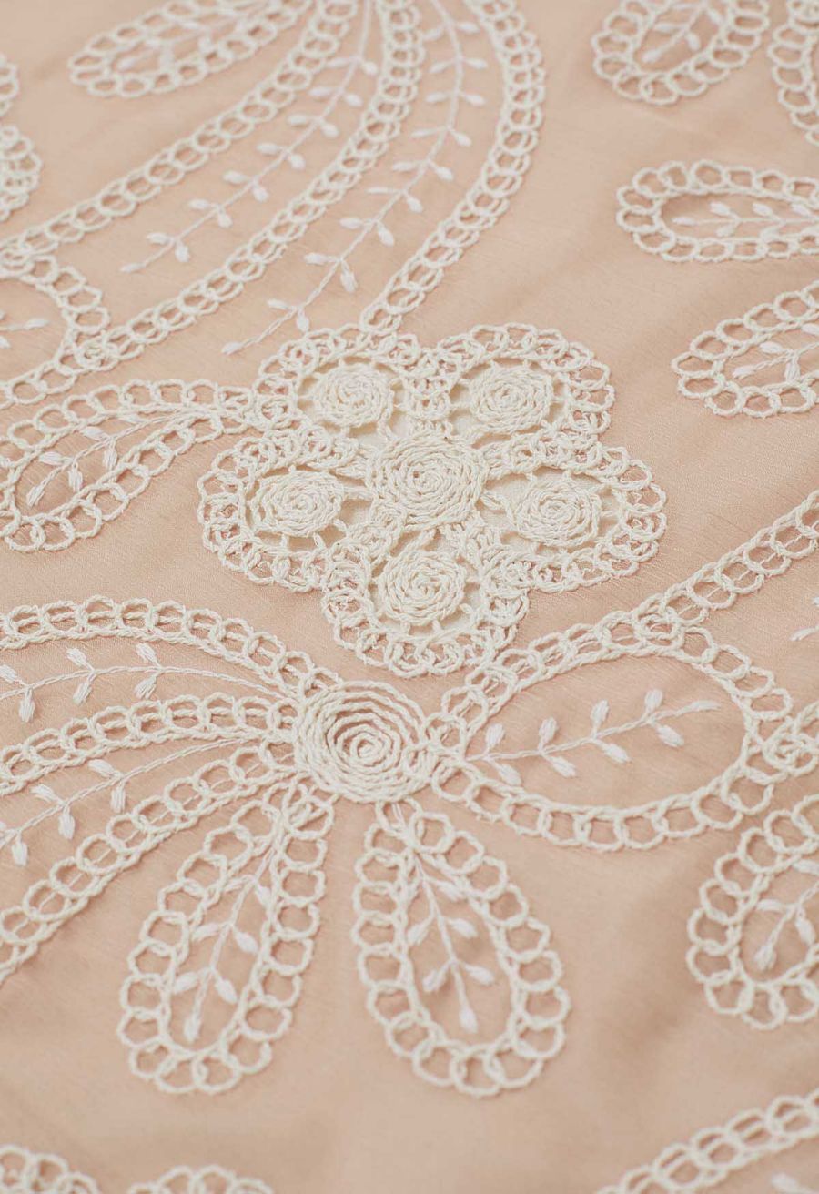 Crew Neck Embroidered Floral Openwork Top in Peach
