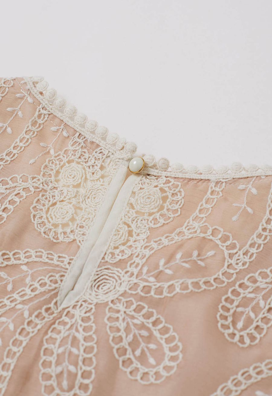Crew Neck Embroidered Floral Openwork Top in Peach